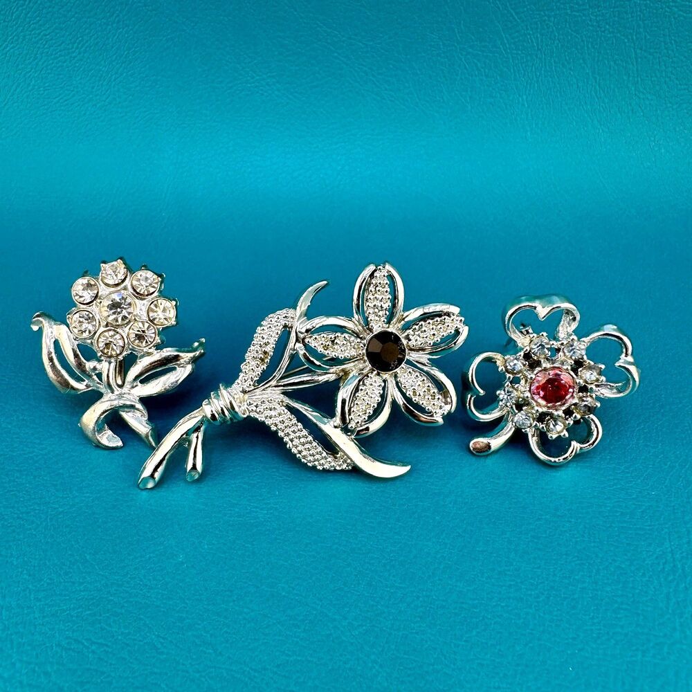 Vintage Rhinestone Brooch Lot Silver Tone Flower Stem Clover 1 Signed